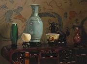 Asian Still Life with Blue Vase, oil painting by Hubert Vos, Hubert Vos